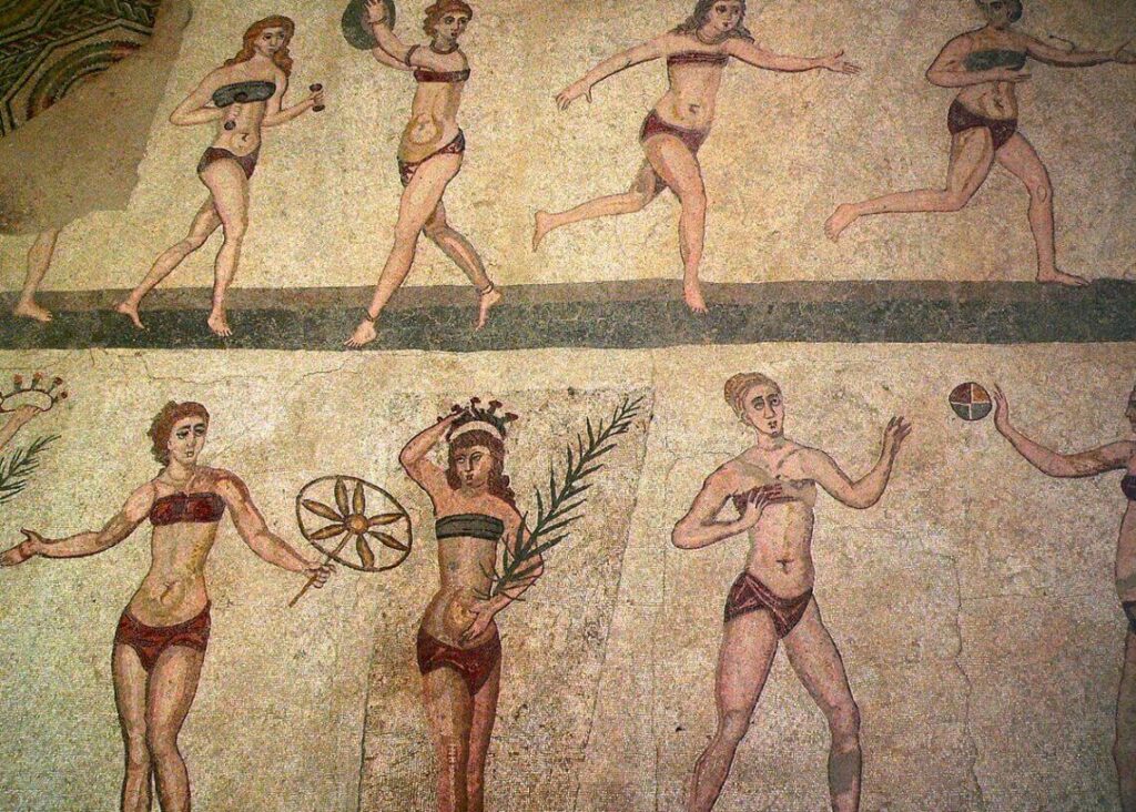 Romans in bikinis on a fresco in Sicily, circa 